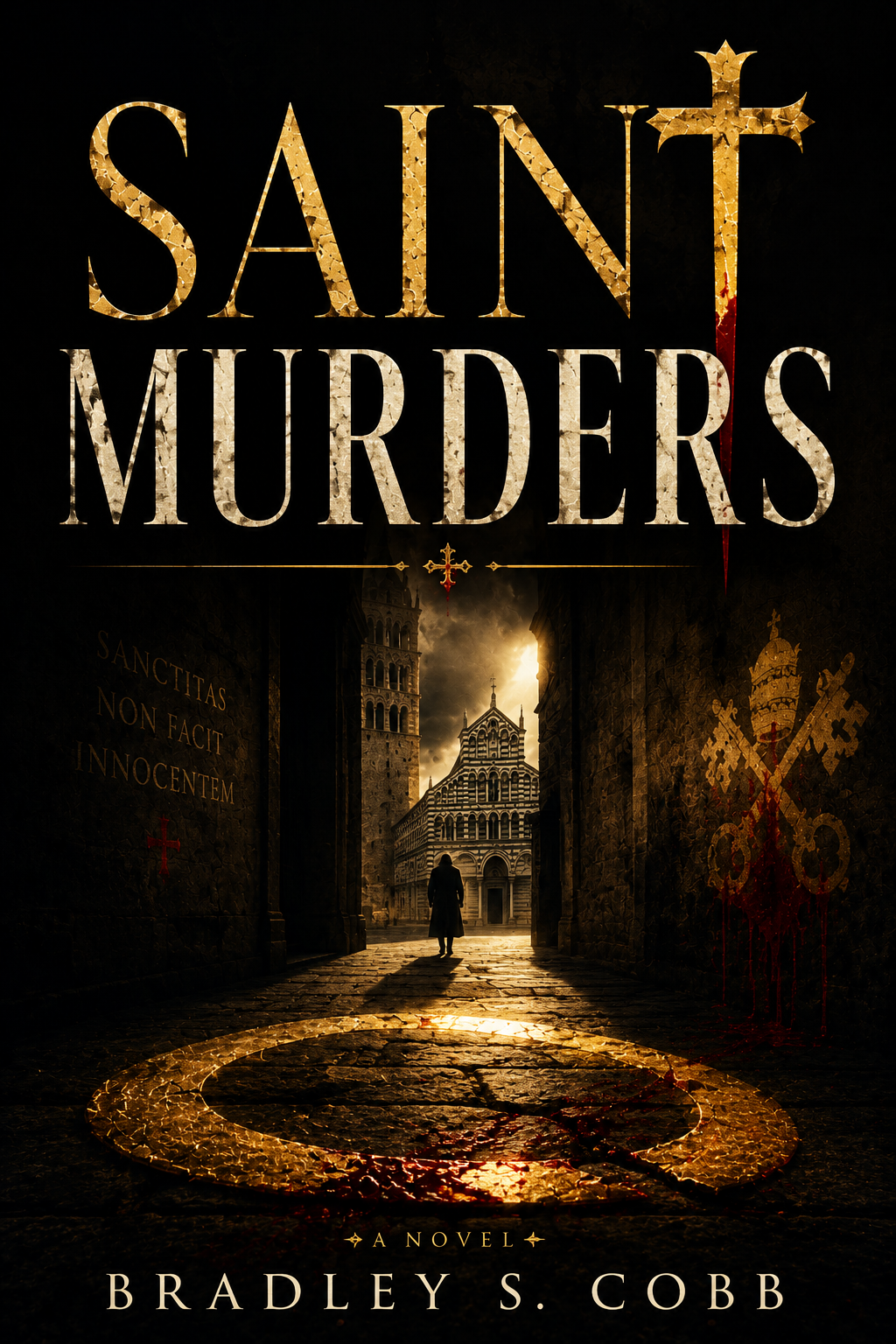 Saint Murders cover — weathered gold cross on dark ground